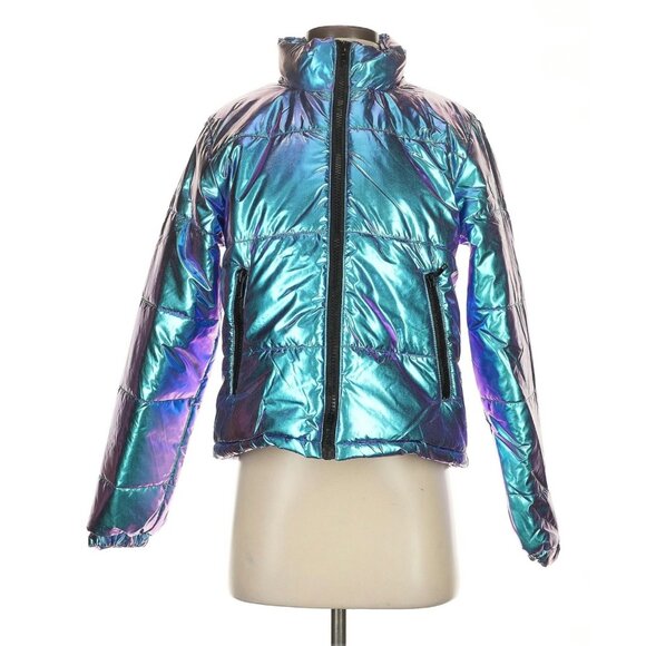 NWOT Club Exx x Dolls Kill Iridescent Metallic Hooded Zip Up Snow Puffer Jacket - Picture 2 of 8